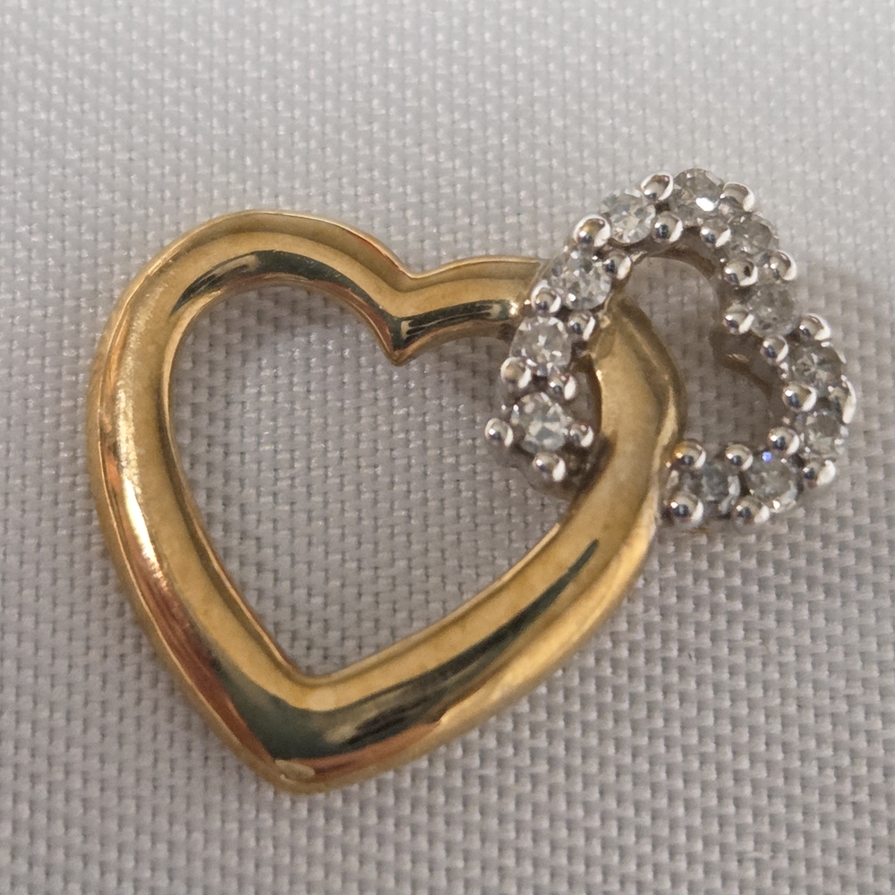 10k Two Tone Solid Gold Interwind‎ Two Hearts Natural Diamond Charm Pendant